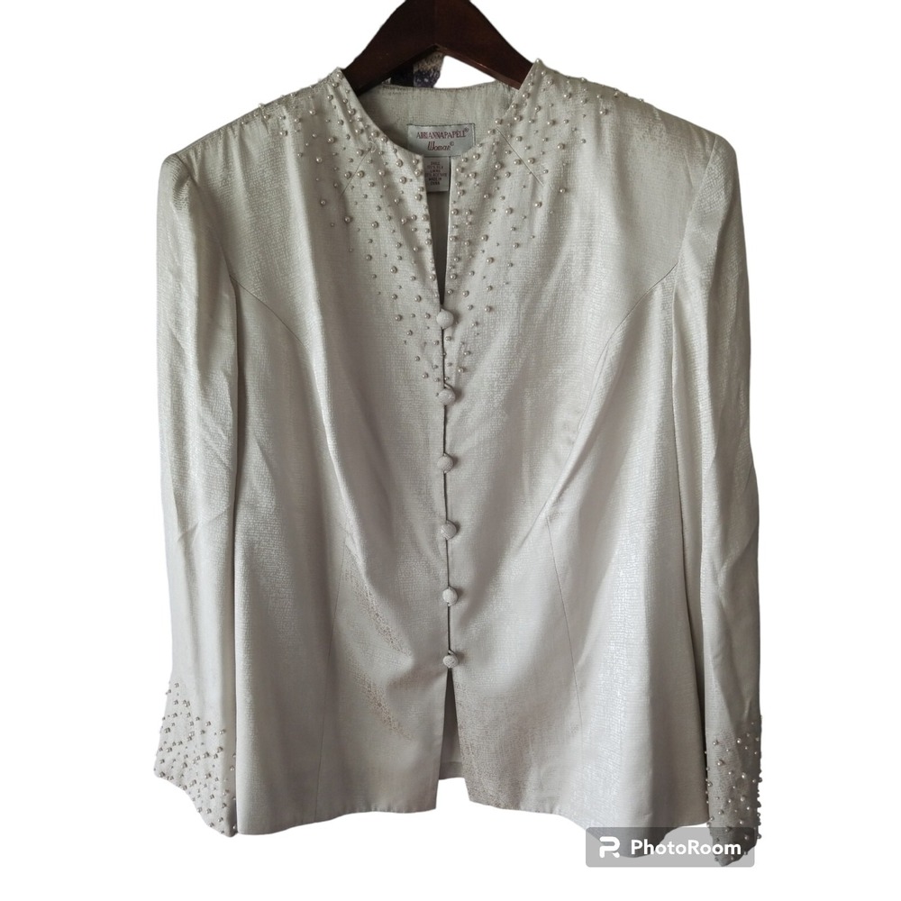 ADRIANNA PAPELL Woman Pearl Beads Button Front Silk Blazer Jacket Size 18W